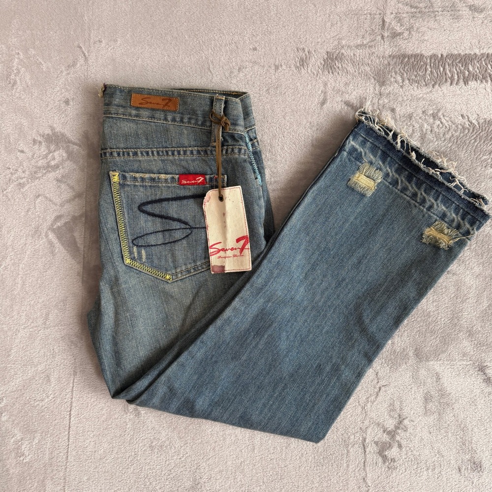 Seven7 Premium Denim Distressed Straight‎ Leg Jeans Blue Contrast Stitch wms 28